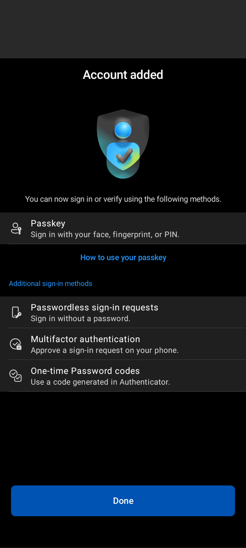 Your account is added and ready for sign-in using Microsoft Authenticator.